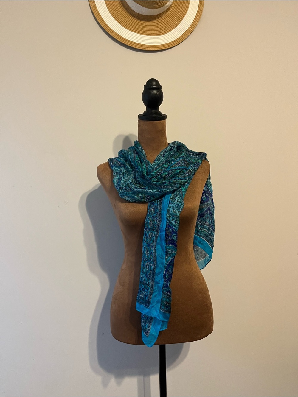 Blue Teal Patterned Women's Silk Scarf Made in India